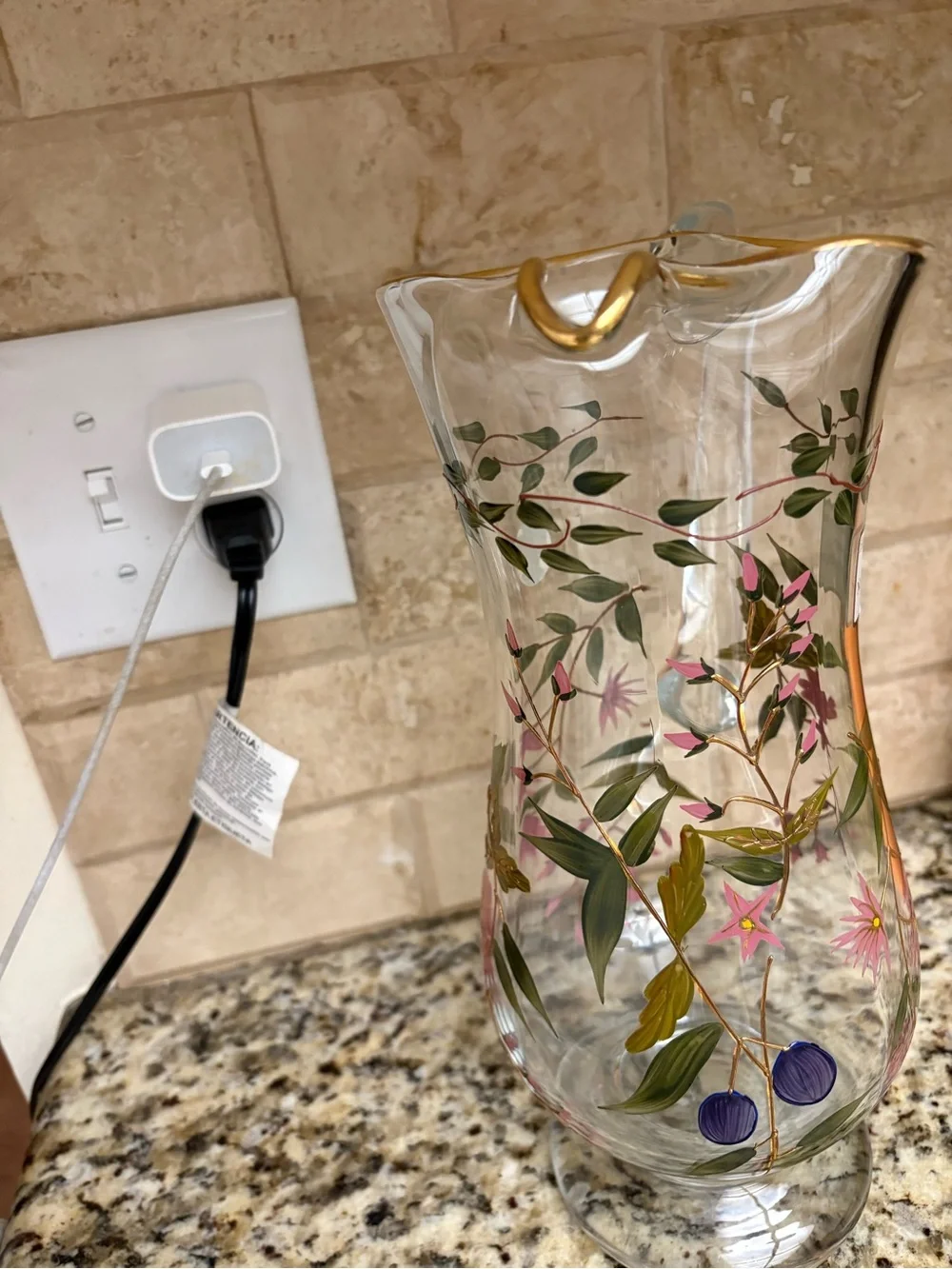 Hand-Painted Floral Glass Pitcher with Gold Rim - Pink & Green